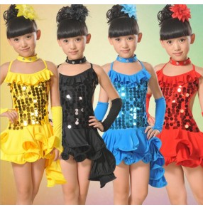 Girls children kids sequined blue yellow red black with tail backless exercise latin dance dress salsa dance dress 110-160cm